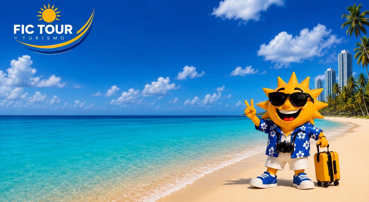 Praia tropical com o mascote da FIC TOUR